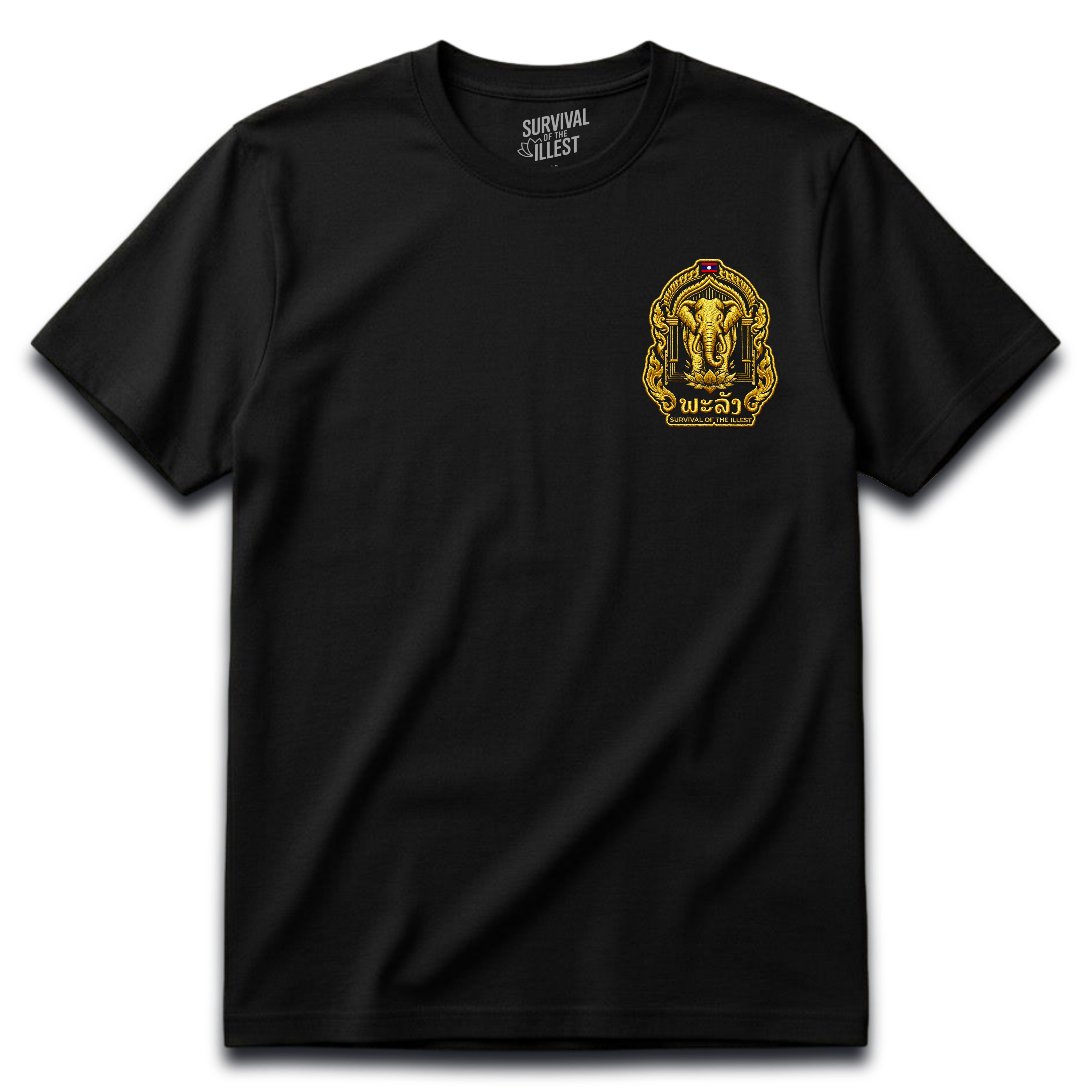 🇱🇦 Laos Elephant Crest Embroidery Tee “ພະລັງ”| Survival of the Illest – Gold Thread Effect